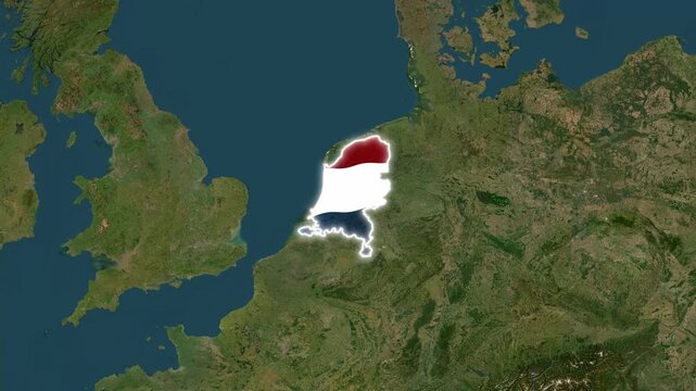 Netherlands country map animation with national flag overlay on satellite earth globe view holland dutch