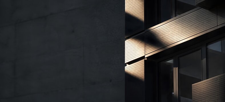 Macro close up of modern brutalist architecture concrete facade with perforated metal panel cladding, premium minimalist real estate and construction industry banner with copy space