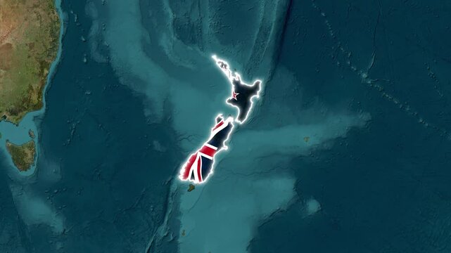 New zealand map animation with national flag overlay and glowing border, satellite view of oceania region