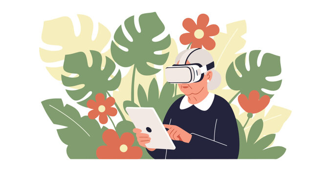 Elderly Woman Exploring Virtual Reality with VR Headset and Tablet.
