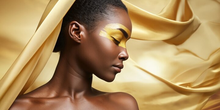 Elegant African woman with striking gold eye makeup and flowing silk fabric