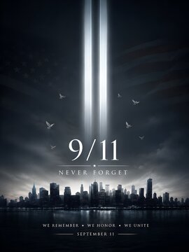 9/11 September 11 Memorial Poster with Tribute in Light, New York Skyline and Never Forget