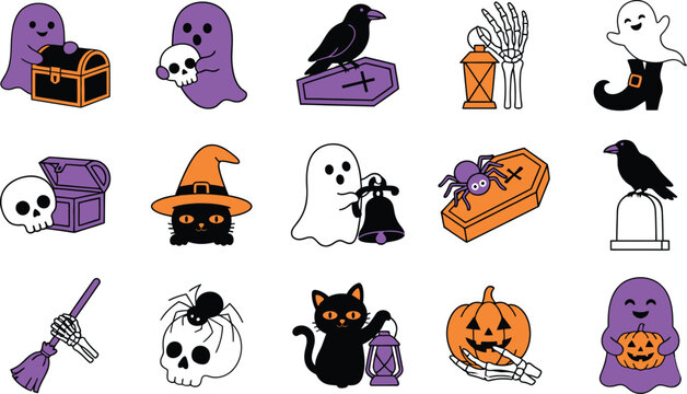 Cute halloween stickers with ghosts skulls black cats pumpkins and spooky holiday decorations isolated on transparent background, Vector