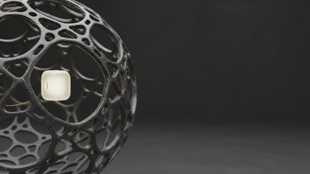 Futuristic organic lattice sphere with glowing core, black 3D voronoi structure, abstract technology concept on dark background