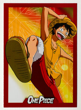 Hamburg, Germany - 05172025: photo of the English Panini One Piece paper Trading Card that shows the character called Ruffy.