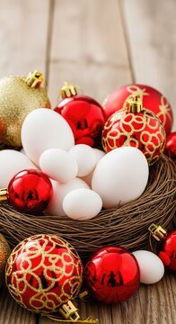 A creative still life arrangement featuring white chicken eggs nestled among shiny red and gold Christmas ornaments on a wooden surface, reflection, fresh, breakfast