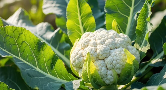 A fresh head of white cauliflower grows nestled among large green vibrant leaves in a sunlit organic vegetable garden during a summer day, food, vegetarian, produce