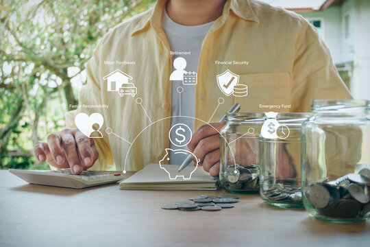 Person calculating finances, planning personal financial goals with savings jars, calculator, financial planning diagram icons, personal finance, money management, and budgeting. Saving money concept