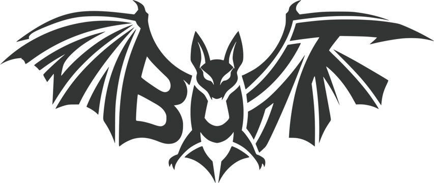 Dark gray silhouette of a flying bat with sharp, angular wing details and an integrated letter b shape on a plain white background