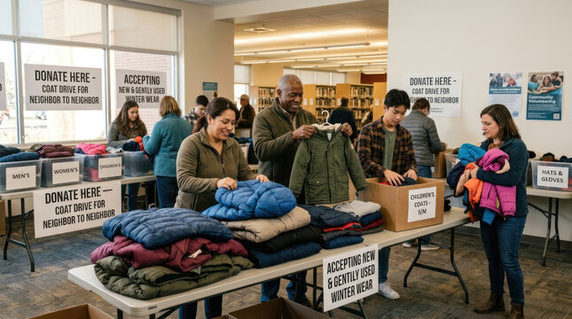 People sorting and organizing donated winter clothing items for charity.