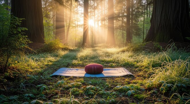 A peaceful meditation mat and cushion sit in a dew-covered forest clearing as the golden sunrise light filters through the ancient trees, forest, peace, air