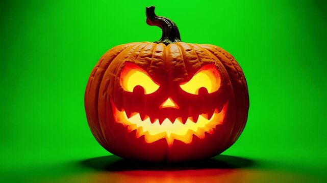 Halloween jack-o-lantern with glowing face on green screen. Spooky carved pumpkin lantern. Orange vegetable with evil smile for chroma key compositing.