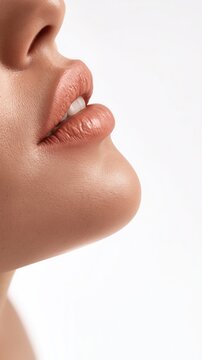 Close-up profile of a woman's mouth with subtle lip gloss and perfect teeth