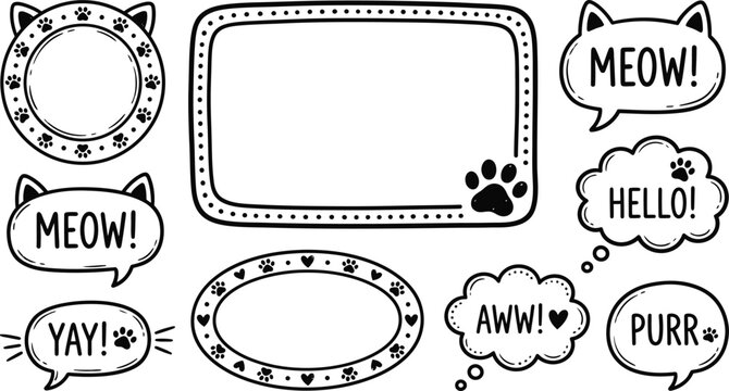 Cute hand drawn cat themed frames and speech bubbles for creative designs