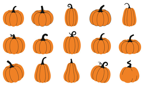 A collection of various hand drawn orange halloween pumkin illustrations isolated on a clean white background for design