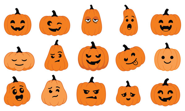A collection of cute hand drawn halloween pumkin illustrations featuring various funny facial expressions on a white background