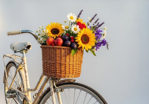 A vintage bicycle features a rustic wicker basket filled with colorful summer blooms and ripe fruits, bathed in warm afternoon sunlight, wicker, floral, nostalgic