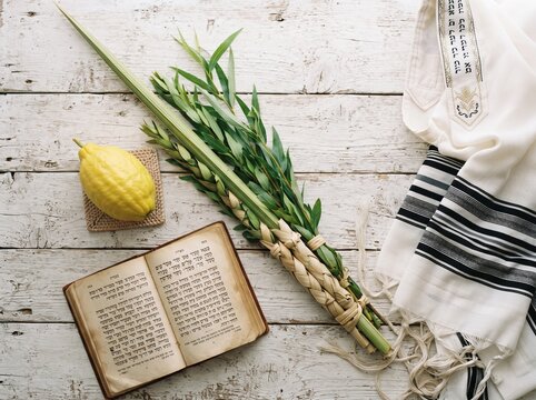 Traditional Jewish Sukkot holiday symbols including an etrog citron, a lulav branch bundle, and a tallit prayer shawl placed on a rustic white wooden tabletop next to an open Hebrew book