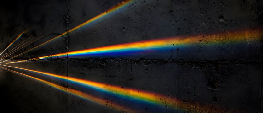 Macro close up of abstract raw concrete wall texture with vibrant fan rainbow light prism refraction laser beams, premium quantum optics and elite architectural identity background with copy space