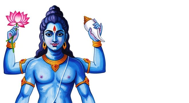 Artistic watercolor painting of a divine four-armed deity with blue skin, holding a lotus and conch, isolated on a white background, vibrant, watercolor, balance