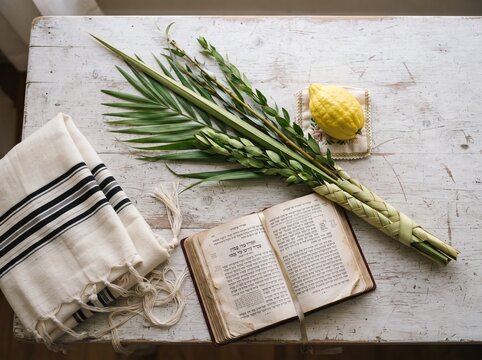 A high-angle view of the Four Species used during the Jewish holiday of Sukkot, including a lulav with etrog, an open prayer book, and a tallit shawl placed on a rustic white wooden table.