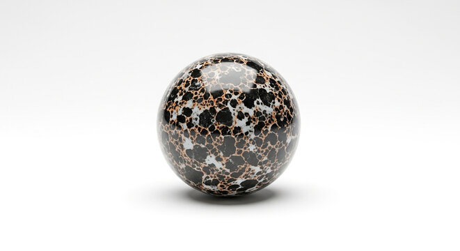 Polished granite sphere with black and copper mineral patterns, glossy stone marble ball, luxury decorative orb on white background