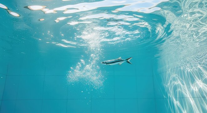 Crystal clear water surrounds a small form gliding beneath the surface, with sunlight filtering down to illuminate rising bubbles and tiles, background, leisure, light