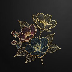 Naklejka premium Elegant gold flower line art featuring delicate hand-drawn blossoms with shimmering metallic outlines on a clean dark background for luxury, vector, foliage, elegant