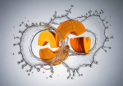 Dynamic water splash surrounds vibrant orange pumpkin wedges, creating an explosion of clear droplets against a neutral studio background, healthy, vegan, spray