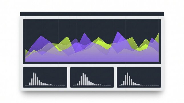 Data analytics dashboard displaying wave charts and histograms