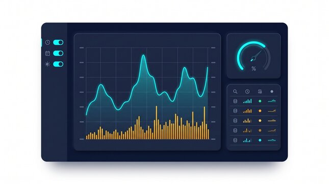 Modern dark UI dashboard panel with data visualization graphs