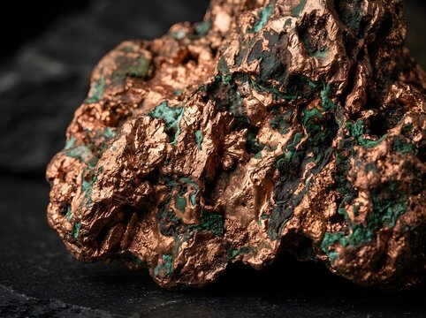 Close up of raw copper ore with green malachite inclusions and textured surface