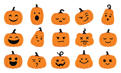 Fototapeta premium A collection of cute hand drawn cartoon style halloween pumkin faces with various funny expressions on white background