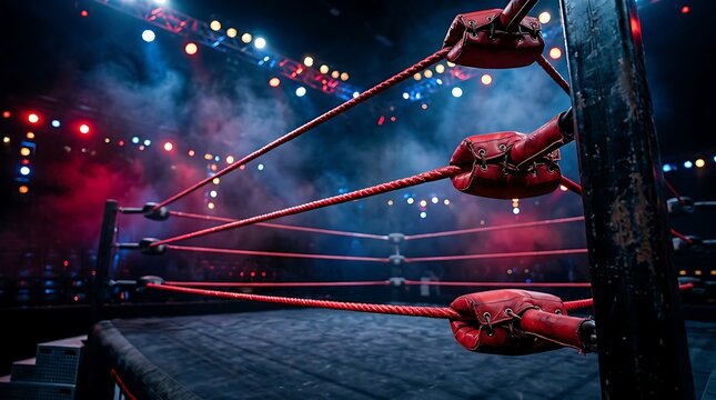 Boxing ring ropes and corner posts with dramatic lighting and smoke effects