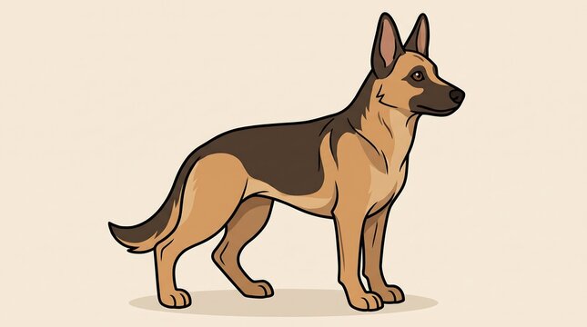 German Shepherd dog illustration, purebred canine standing profile, black and tan pet character on beige background