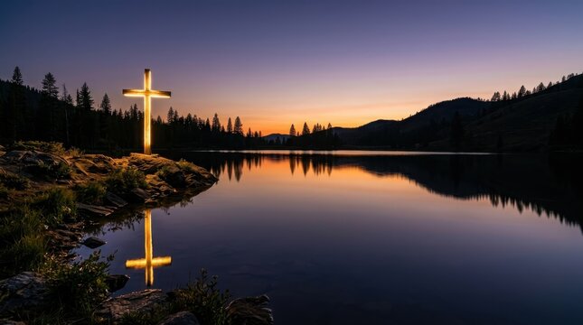 A luminous cross stands on a rocky shore, its reflection mirrored in a tranquil lake under a twilight sky.