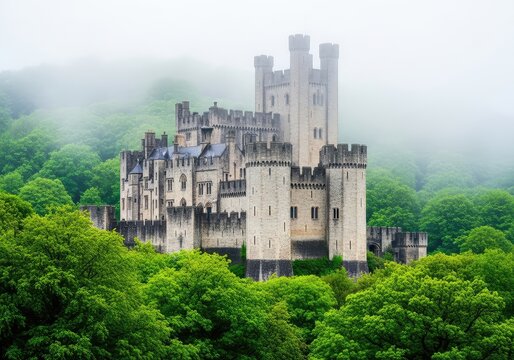 Majestic ancient stone castle with tall towers and battlements nestled deep within a lush green woodland during a foggy and misty morning, pine, castle, fairytale