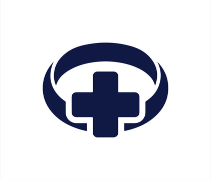 Medical cross emblem with curved orbital lines in navy blue showing global health protection and care symbol. Healthcare Icons Vector Art