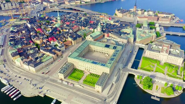 Stockholm, Sweden. Royal Palace, Kungliga slottet. Old Town - Gamla Stan. Riddarholmen. Drone footage, Point of interest