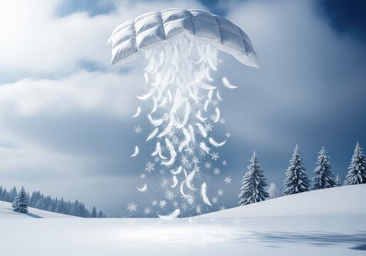 Shimmering white feathers cascade from a thick down duvet held high in the clouds, transforming into soft snowflakes over a winter landscape, falling, december, blue