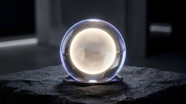 Transparent crystal sphere with glowing circular light inside resting on stone