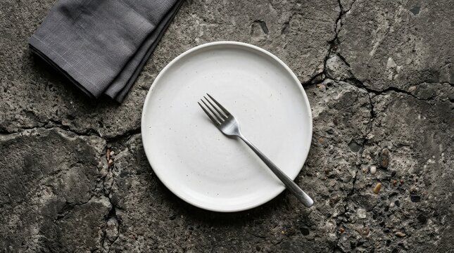 A stark overhead view of an empty white plate with a silver fork, placed on a textured, cracked concrete surface beside a folded gray napkin.