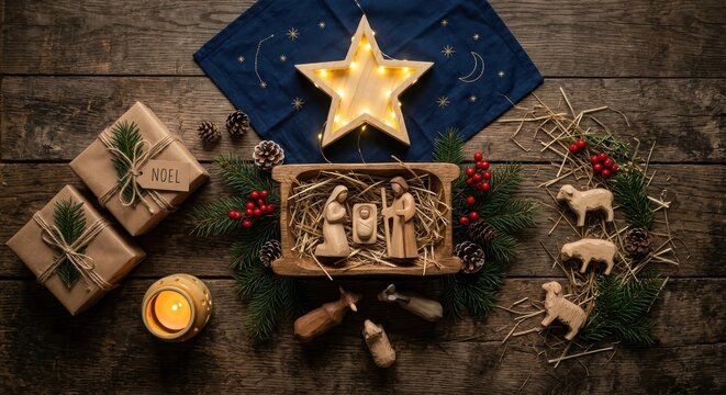 A charming wooden nativity scene with Mary, Joseph, and baby Jesus, surrounded by rustic Christmas decor, including gifts and a glowing star.