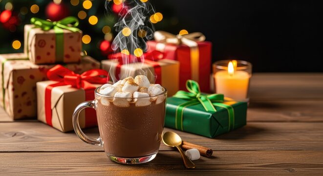 Steaming hot chocolate with marshmallows and cinnamon sits near wrapped holiday gifts and a candle with a glowing tree in the background, cozy, background, cocoa