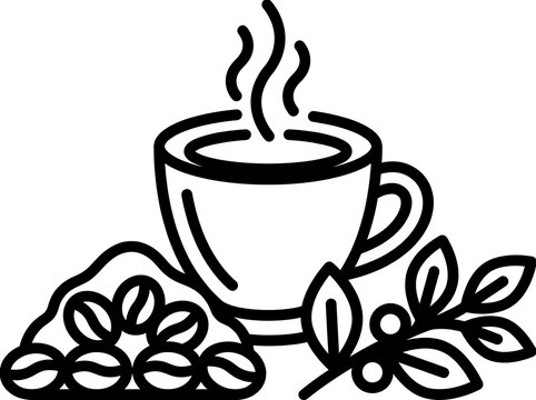 Black and white line art illustration of hot coffee cup with steam beans pile and branch for cafe logos menus or food industry printing projects.