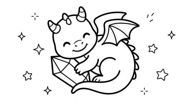 Cute cartoon baby dragon holding a magical crystal surrounded by stars outline coloring page