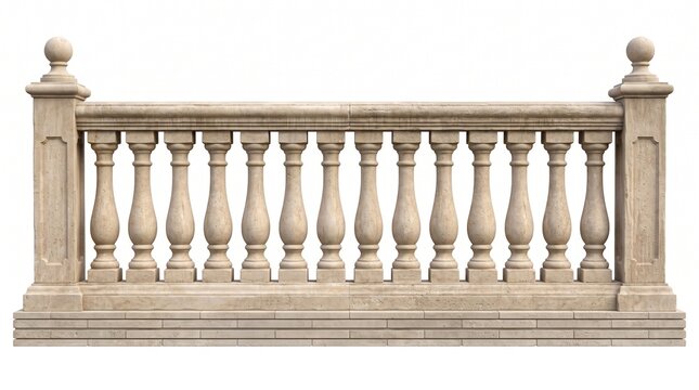 Elegant beige stone balustrade with turned balusters isolated on white background