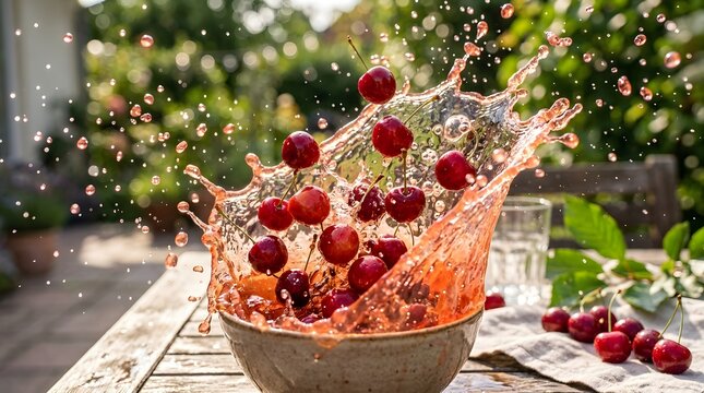 Fresh red cherries splashing in a bowl of liquid with dynamic droplets on a sunny outdoor wooden table