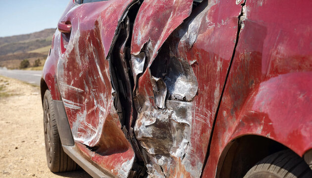 Severe car accident damage showing crushed red vehicle doors after a major roadside collision