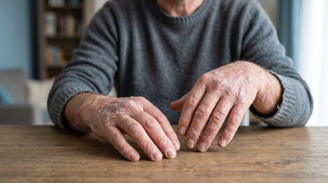 Man with sick hands, dry flaky skin on his hand with vulgar psoriasis, eczema and other skin diseases such as fungus, plaque, rash and blemishes. Autoimmune genetic disease